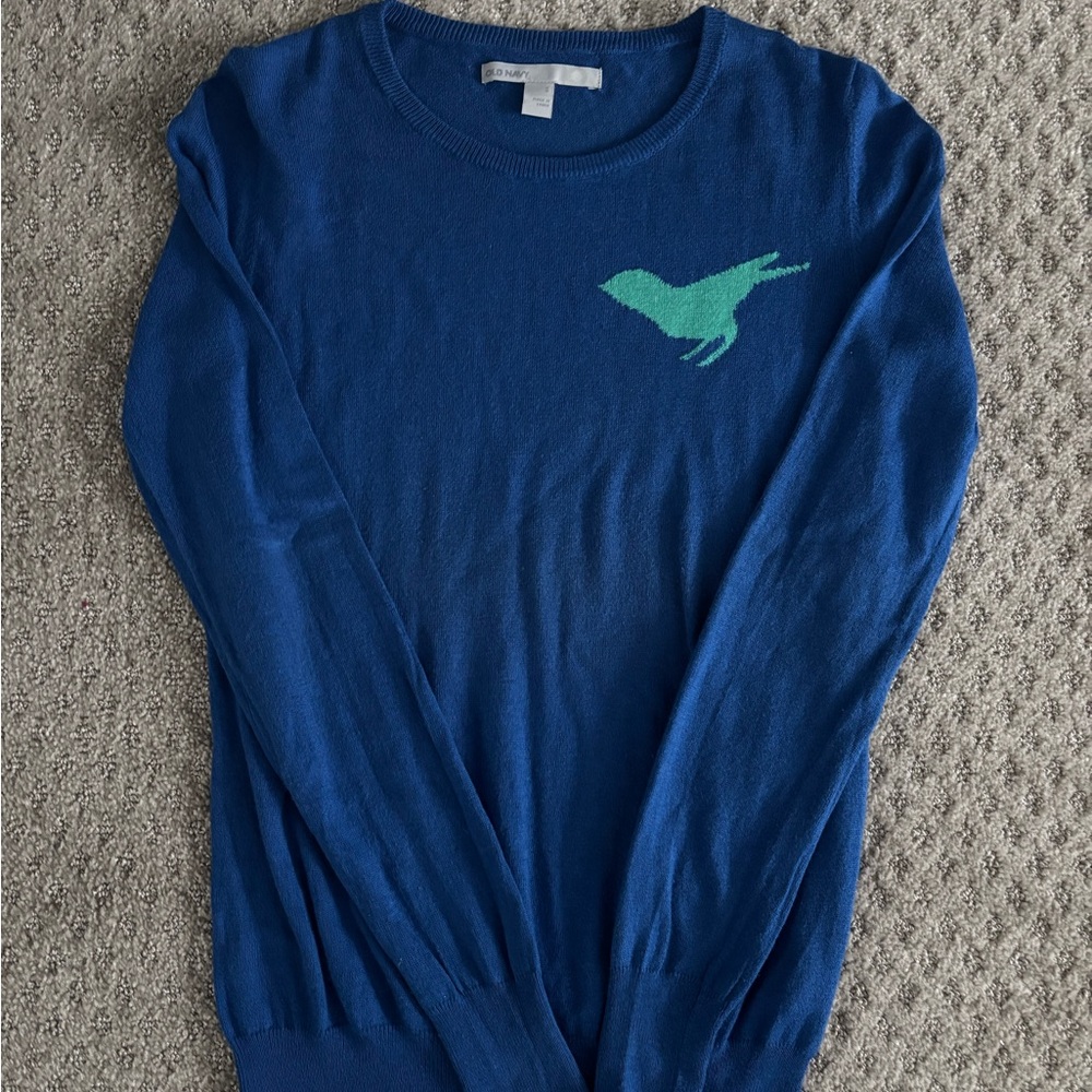 Old Navy Blue Sweater with Green Bird Motif